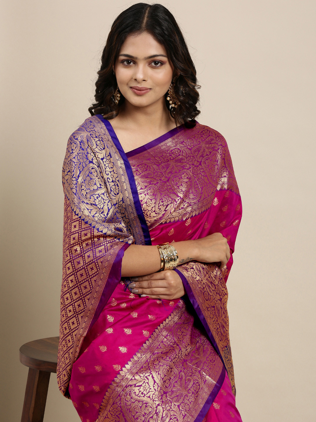 Mitera Pink & Golden Ethnic Motifs Banarasi Saree with Zari Border