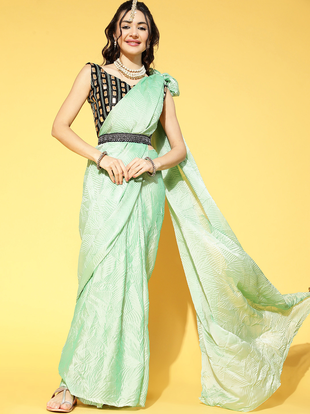 Saree mall Green Solid Party Wear Saree with Matching Blouse