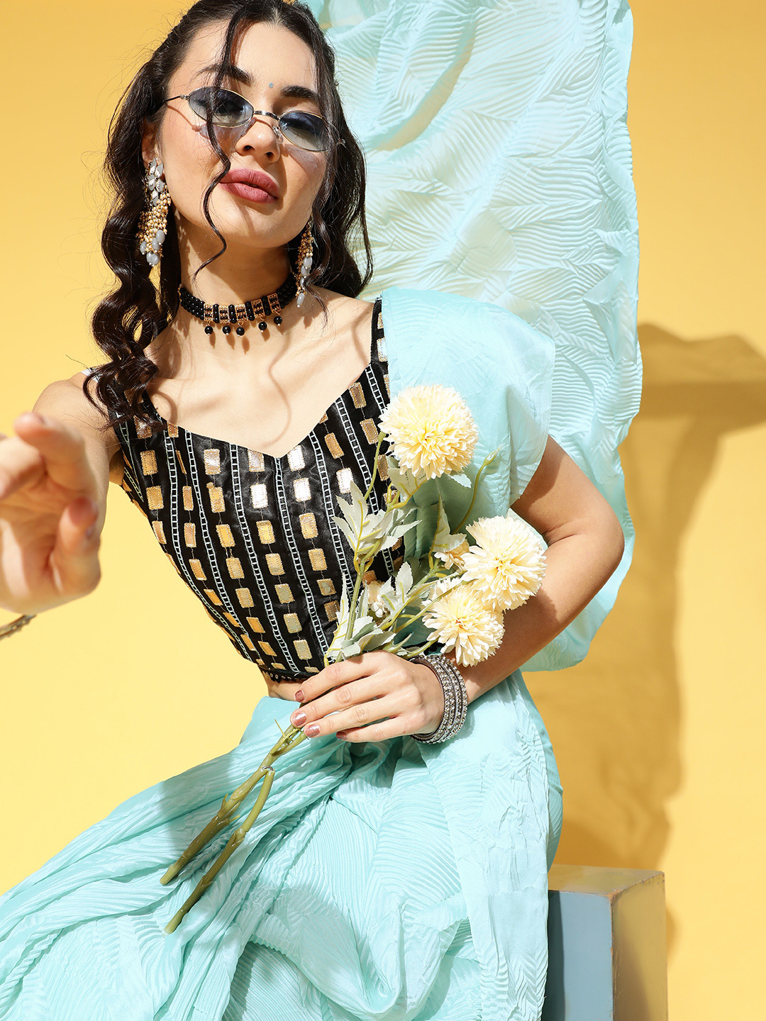 Saree mall Blue Solid Party Wear Saree with Matching Blouse