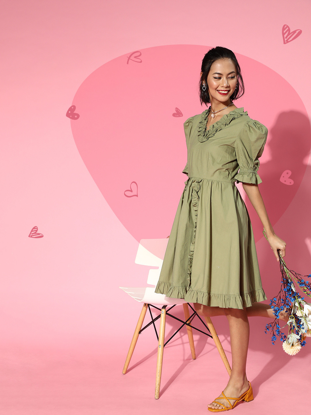 Athena Women Gorgeous Green Solid Ruffled Dress