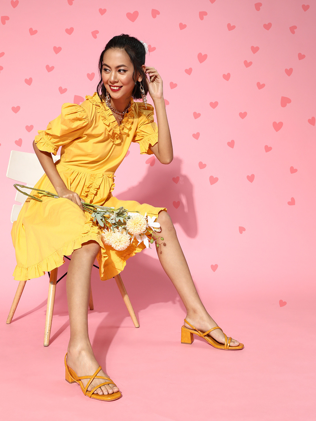 Athena Women Stylish Yellow Geometric Ruffled Dress