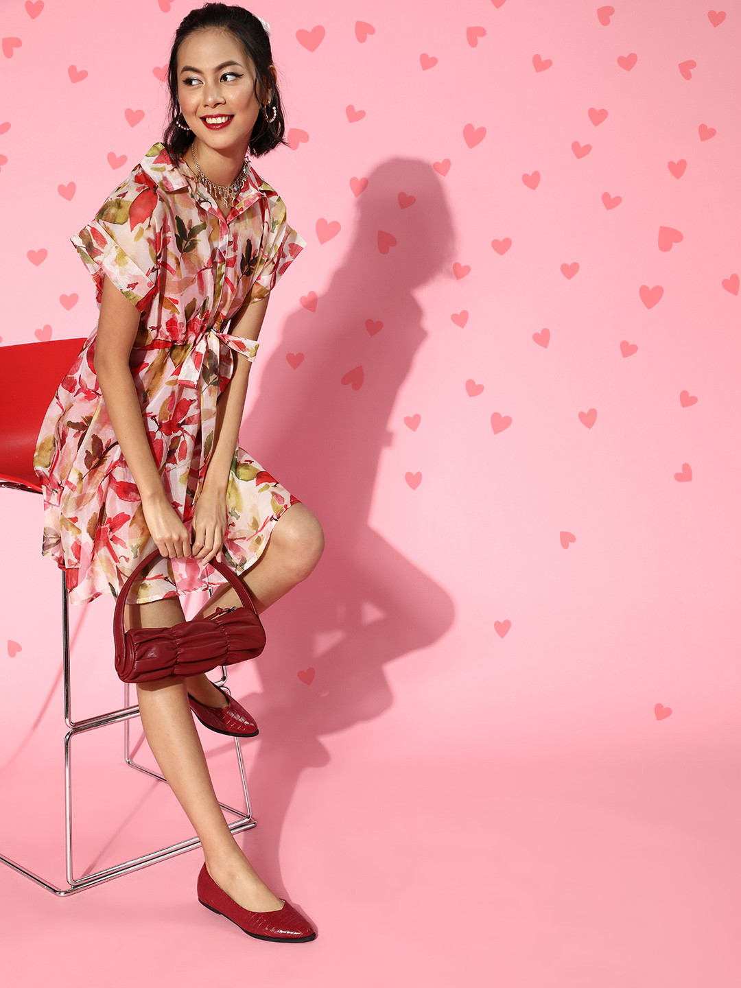 Athena Women Attractive Red Floral Belted Dress