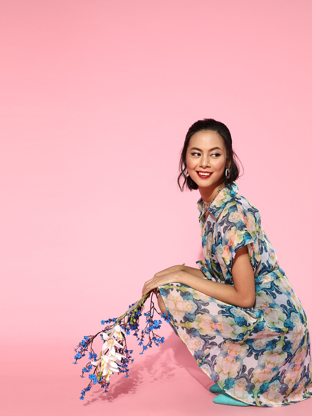 Athena Women Tranquil Teal Floral Belted Dress