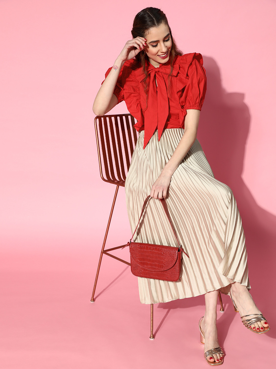 Athena Women Gorgeous Red Solid Ruffled Top