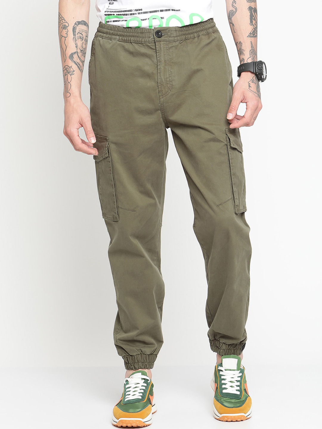 PUNK Men Olive Green Loose Fit Cargos Trousers