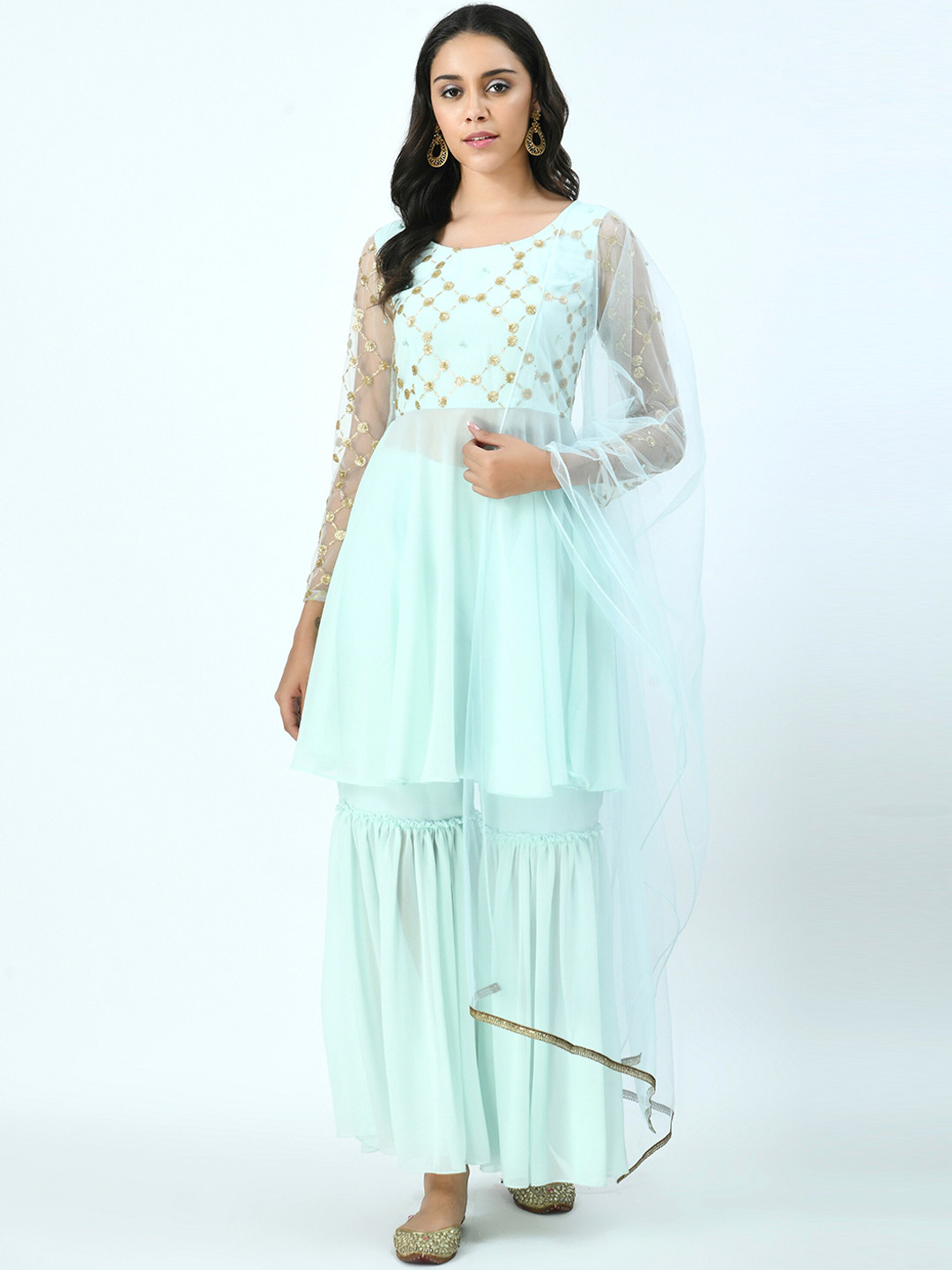 V&M Women Green Yoke Design Pleated Sequinned Kurta with Sharara