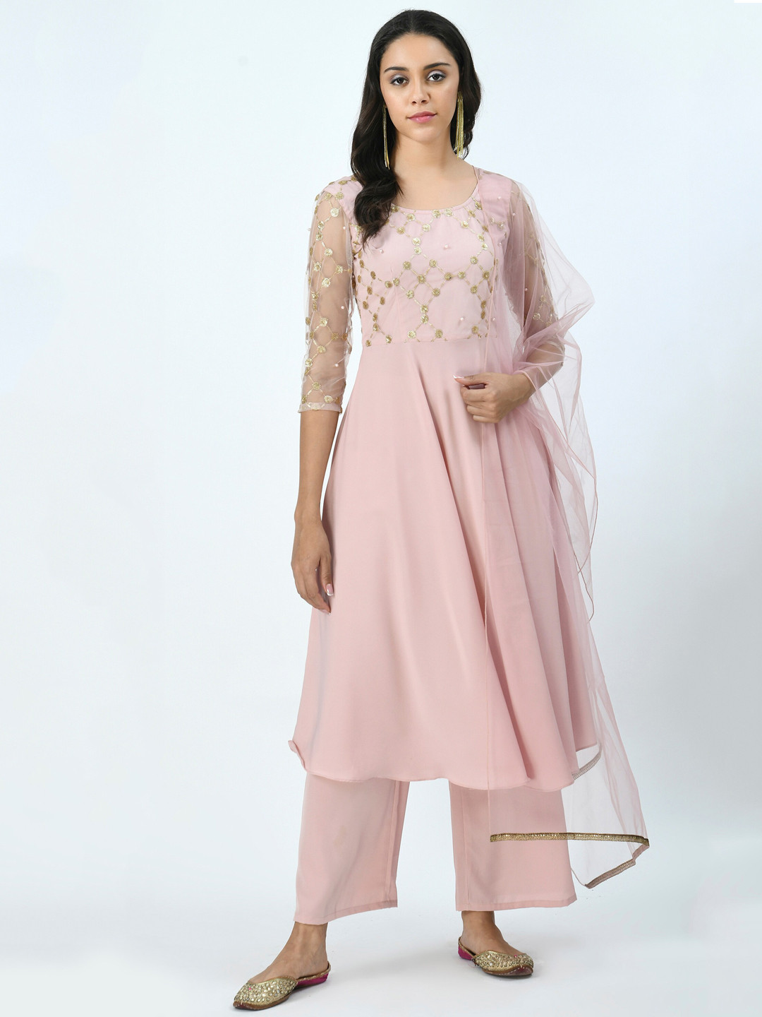 V&M Women Pink Pleated Sequinned Kurta with Palazzos & Net Dupatta