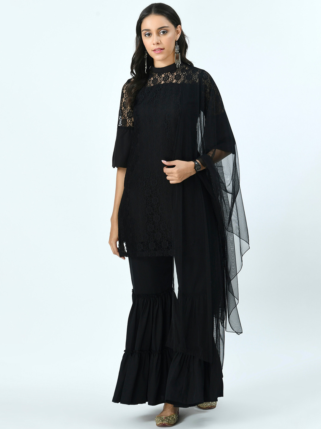 V&M Women Black Kurti with Sharara & Dupatta