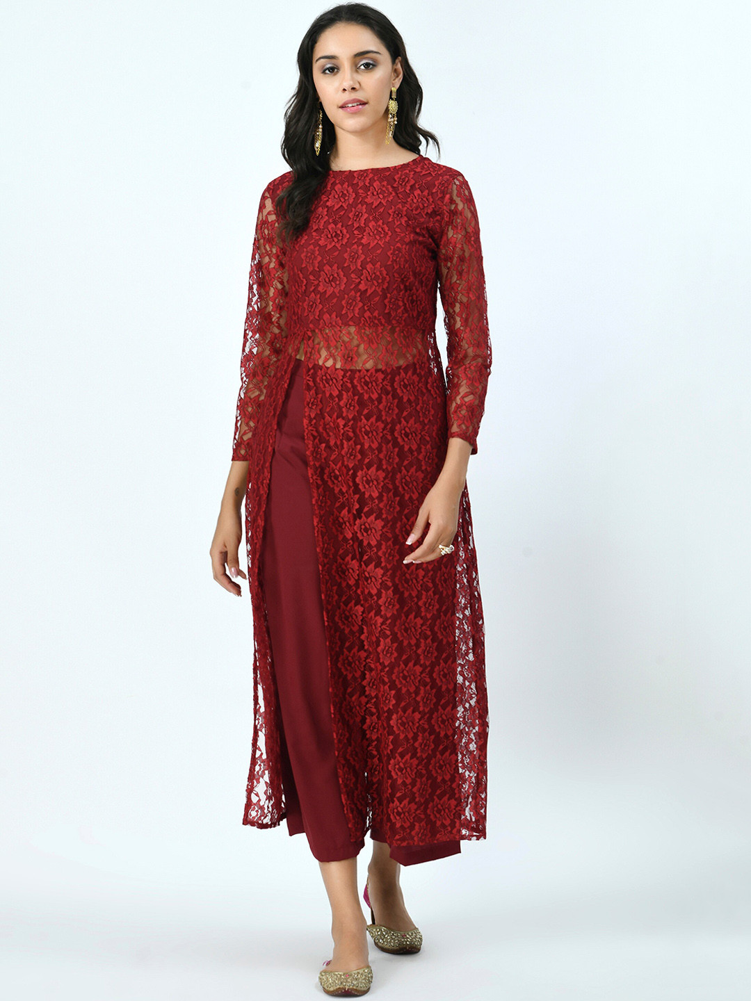 V&M Women Maroon High Slit Kurta with Palazzos