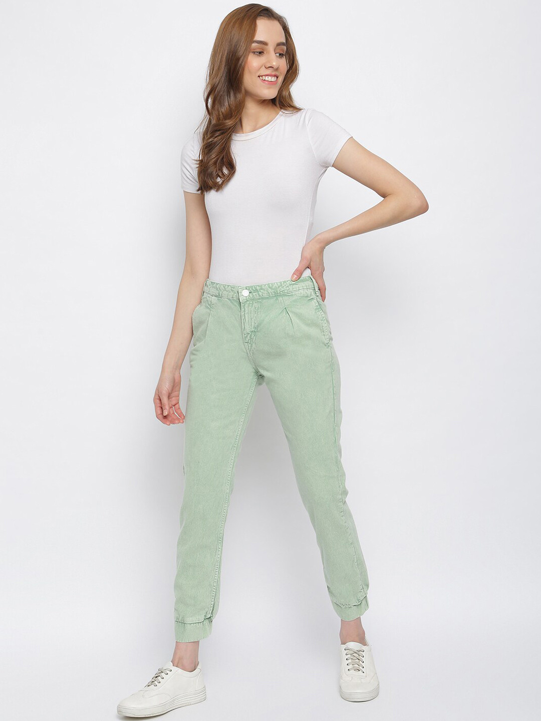 TALES & STORIES Women Green Solid Slouchy Fit Trousers