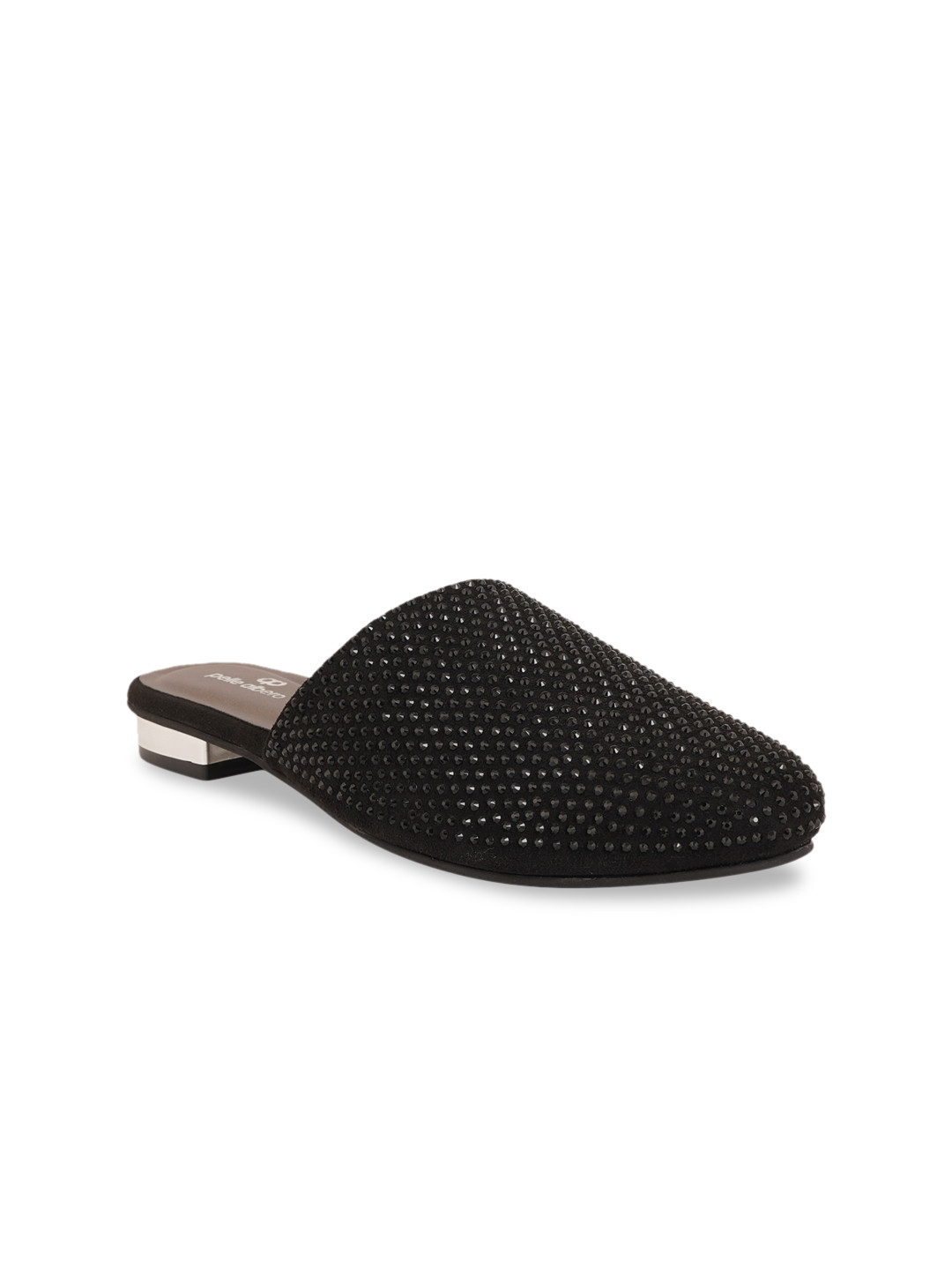 pelle albero Black Embellished Party Block Mules
