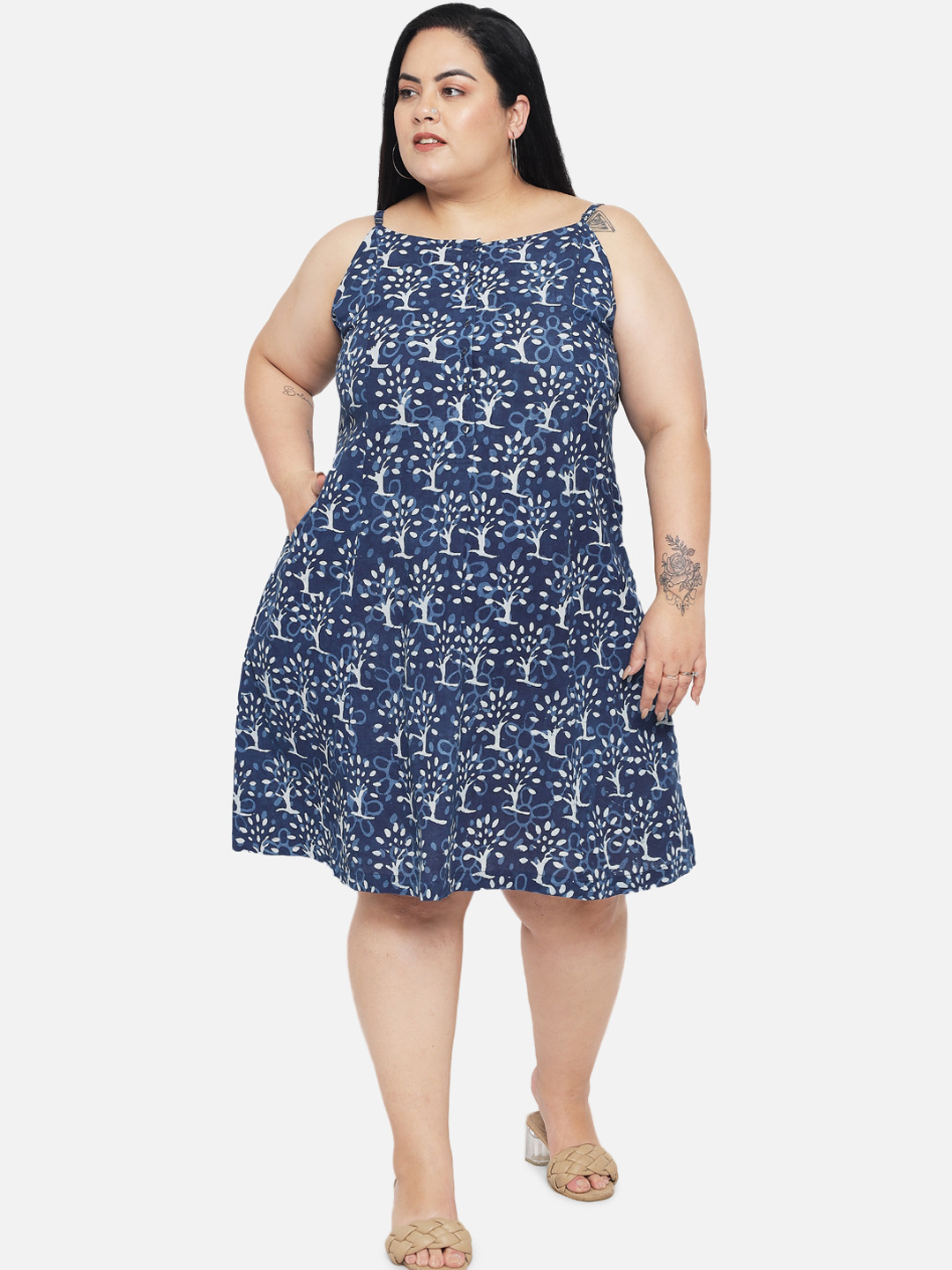 Indietoga Plus Size Indigo Hand Block Printed Sustainable Pure Cotton Dress