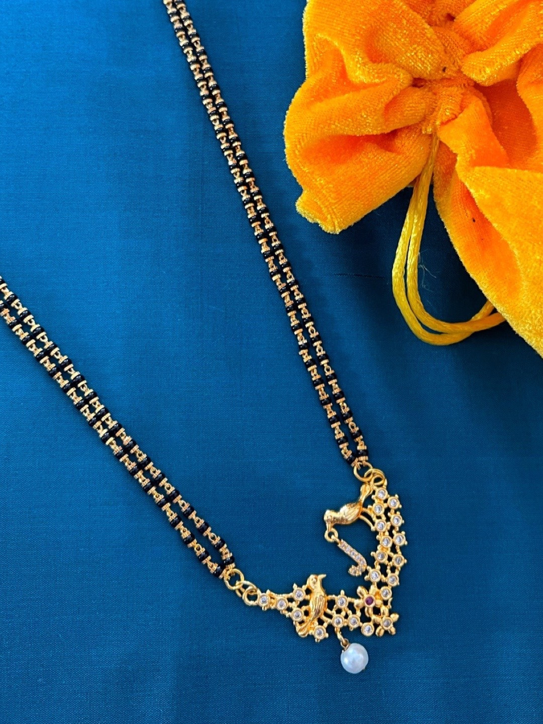 Digital Dress Room Gold-Plated Black & White Beaded & Stone-Studded J-Alphabet Mangalsutra