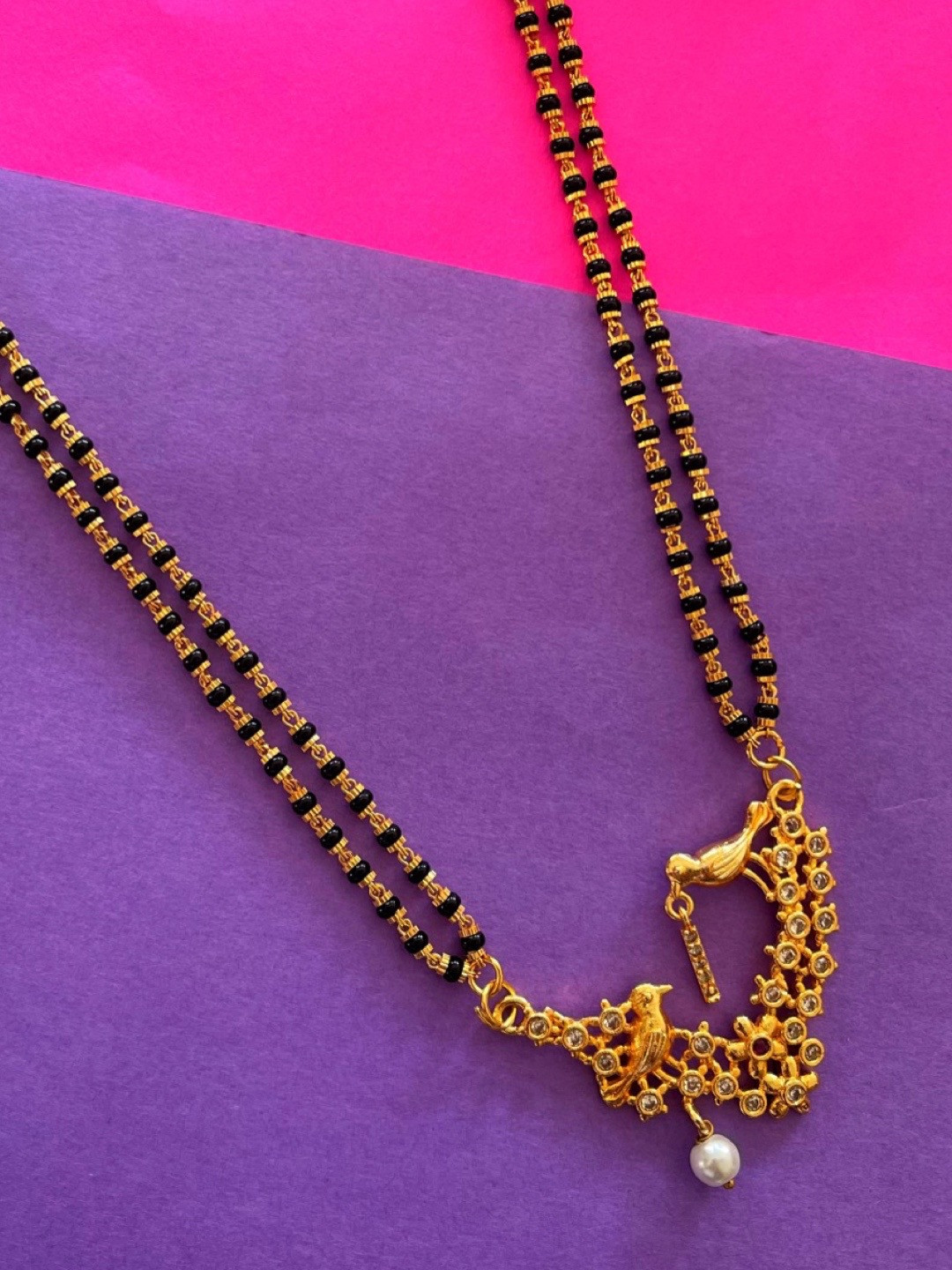 Digital Dress Room Gold-Plated Black & White Beaded & Stone-Studded I-Alphabet Mangalsutra