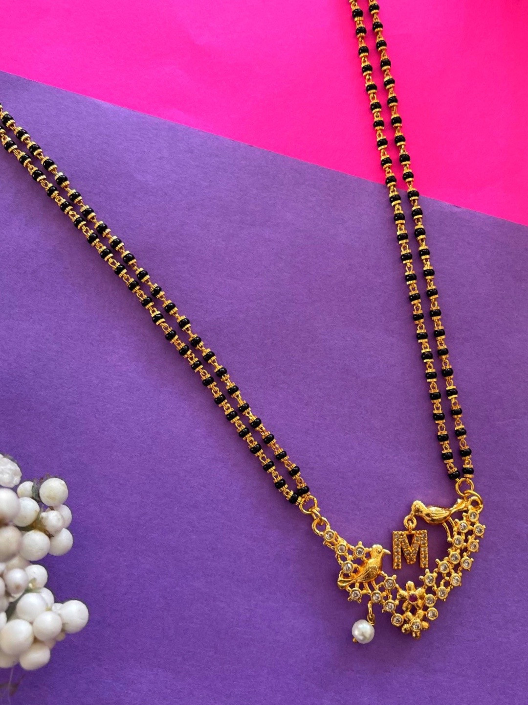 Digital Dress Room Gold-Plated Black & White Beaded & Stone-Studded M-Alphabet Mangalsutra