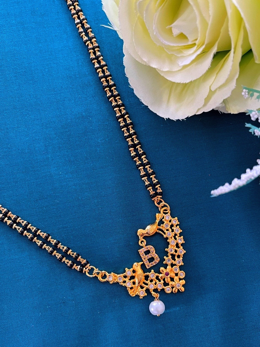 Digital Dress Room Gold-Plated Black & White Beaded & Stone-Studded B-Alphabet Mangalsutra