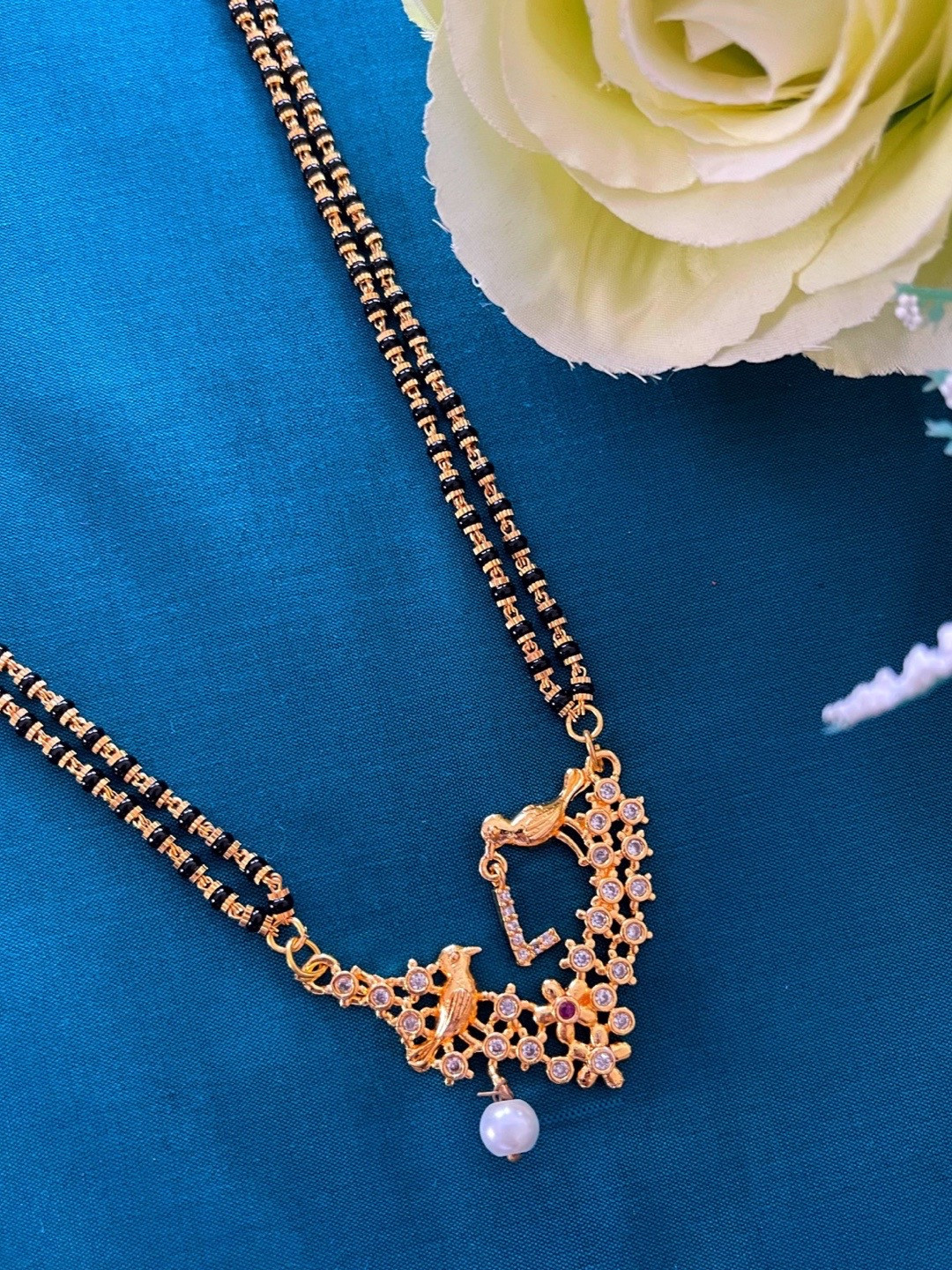 Digital Dress Room Gold-Plated Black & White Beaded & Stone-Studded L-Alphabet Mangalsutra