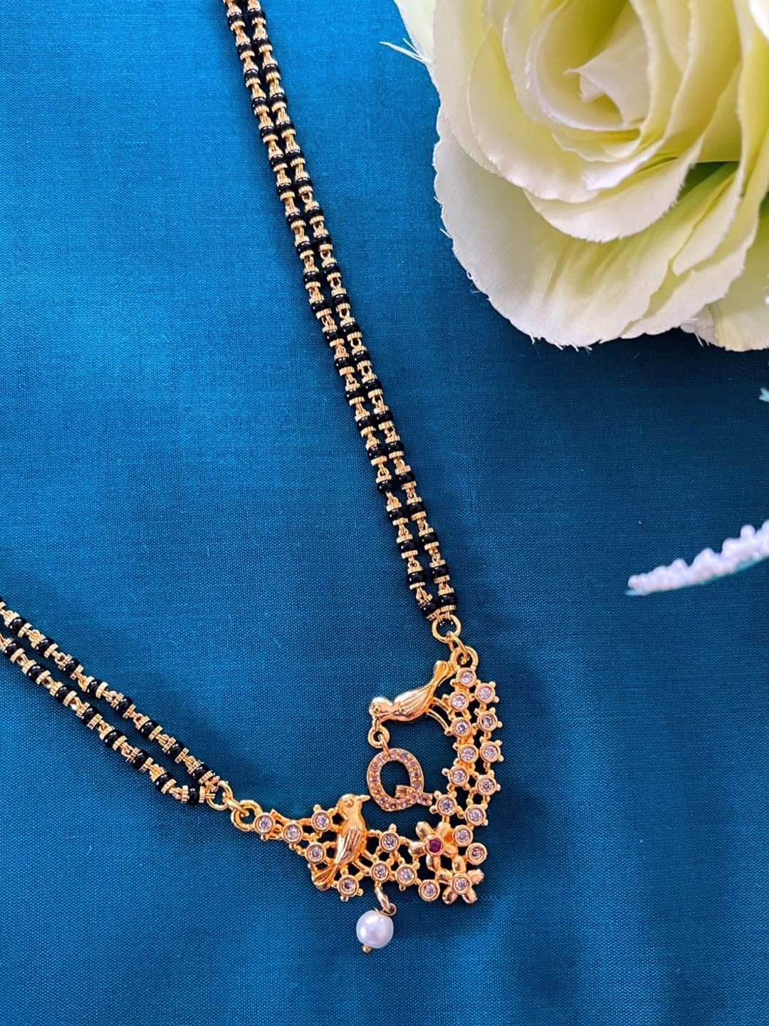 Digital Dress Room Gold-Plated Black & White Beaded & Stone-Studded Q-Alphabet Mangalsutra