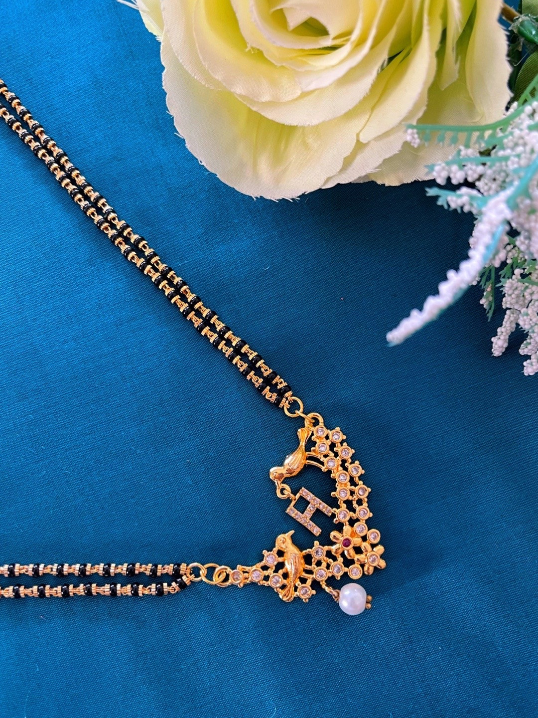 Digital Dress Room Gold-Plated Black & White Beaded & Stone-Studded R-Alphabet Mangalsutra