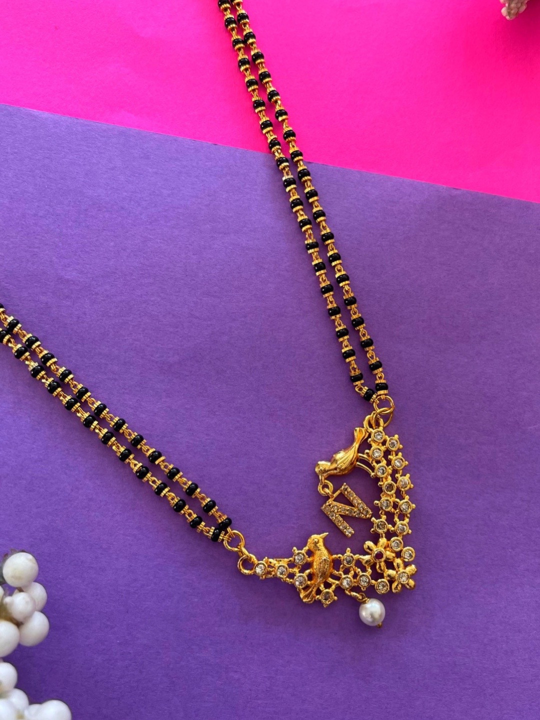 Digital Dress Room Gold-Plated Black & White Beaded & Stone-Studded N-Alphabet Mangalsutra