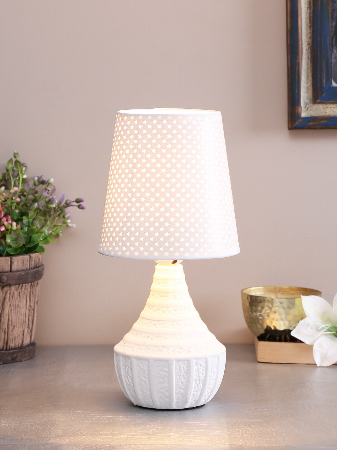 TAYHAA White Designer Table Lamp with a Star Design Shade
