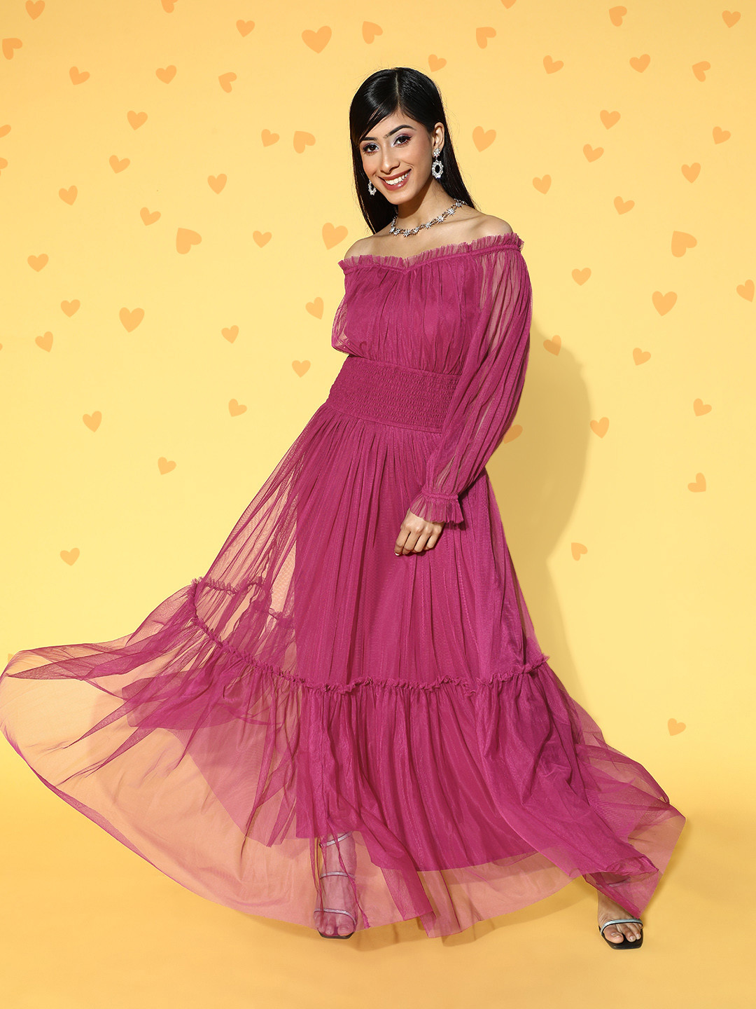 Antheaa Women Charming Purple Solid Tulle Maxi Dress