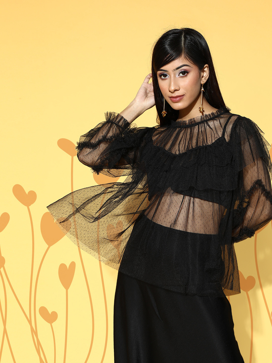 Antheaa Women Stylish Black Solid Sheer Top