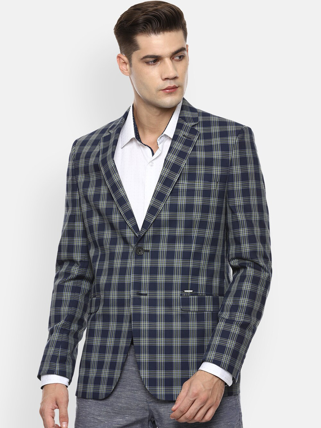 Van Heusen Sport Men Navy Blue & White Checked Slim Fit Breasted Blazer