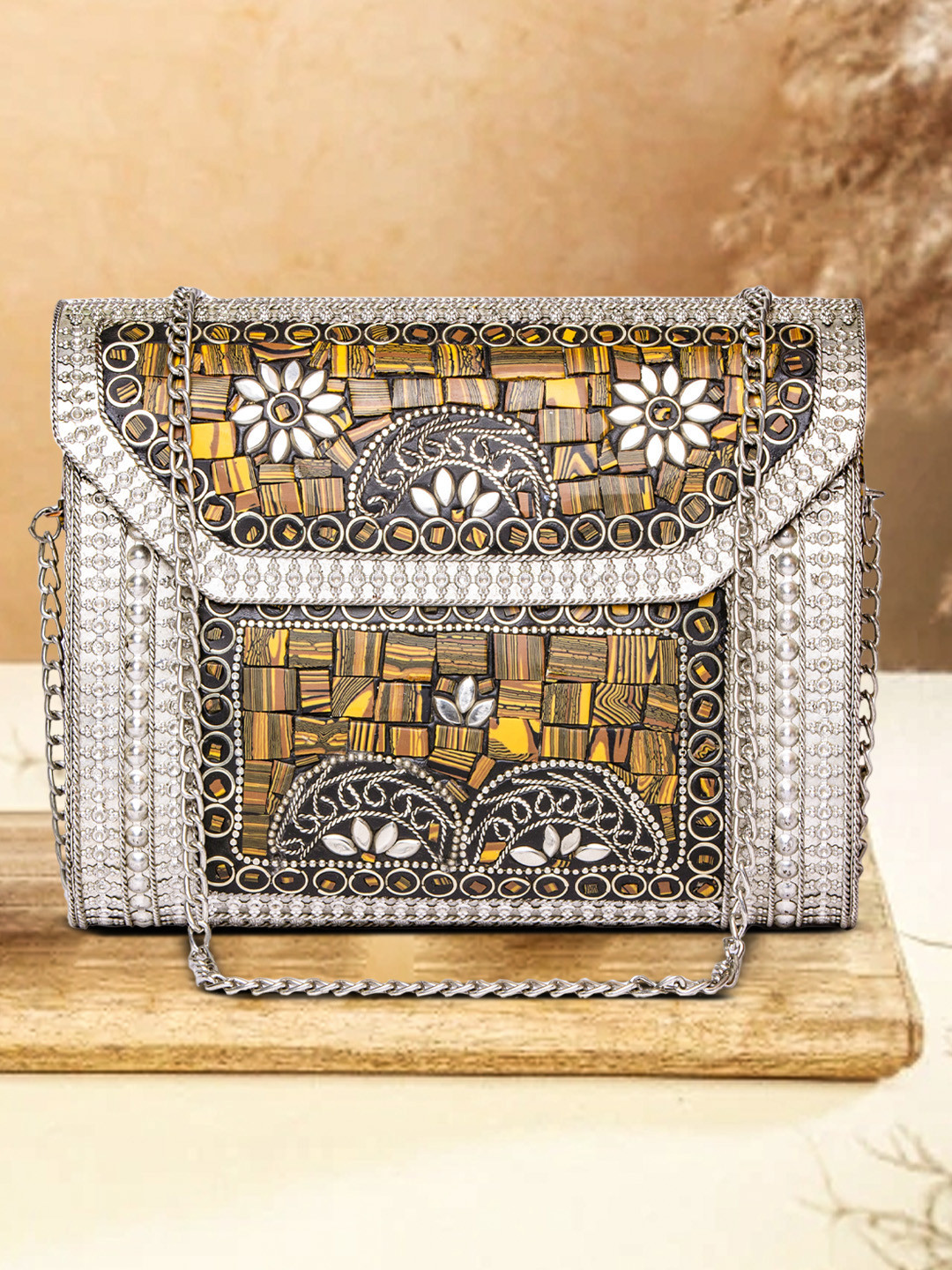 ARTFLYCK Women Silver-Toned Embellished Box Clutch