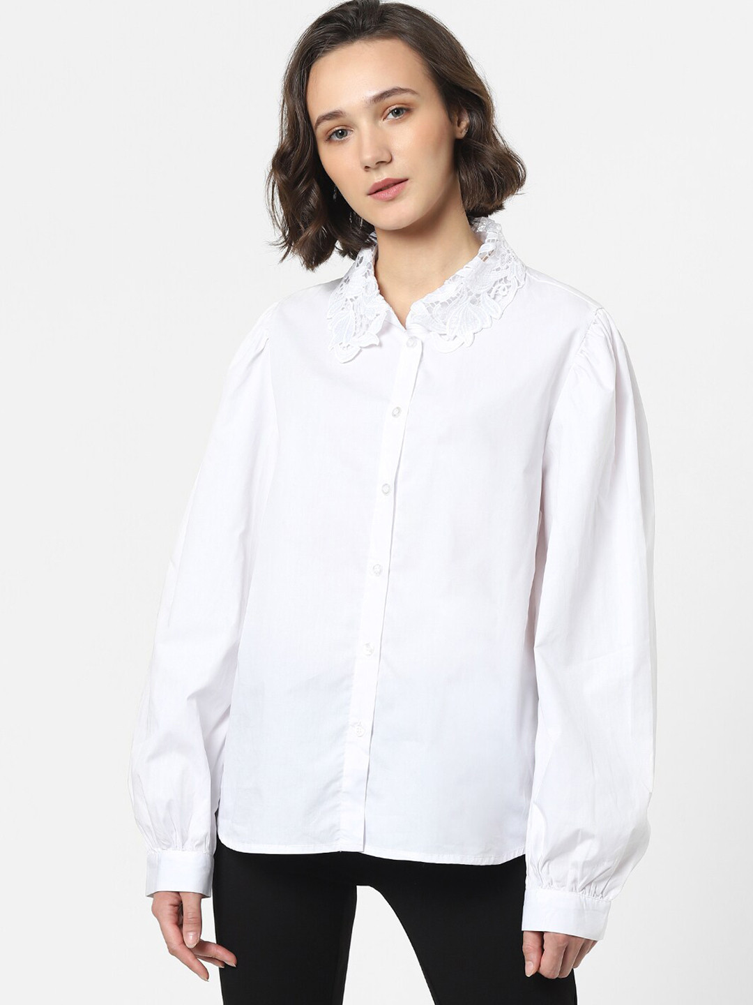 ONLY Women White Solid Lace Collar Casual Shirt