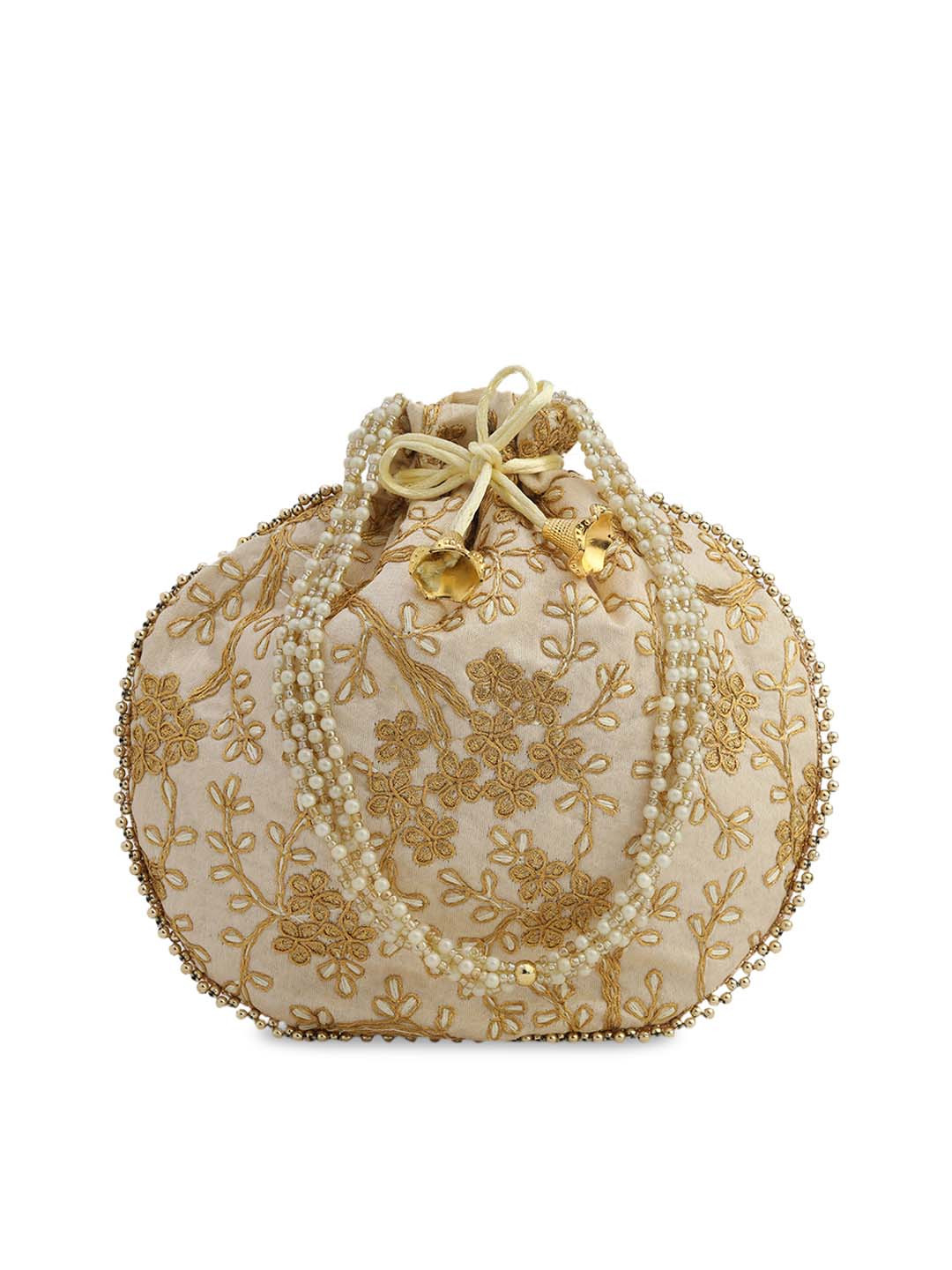 gaura pakhi Cream-Coloured & Gold-Toned Embroidered Potli Clutch