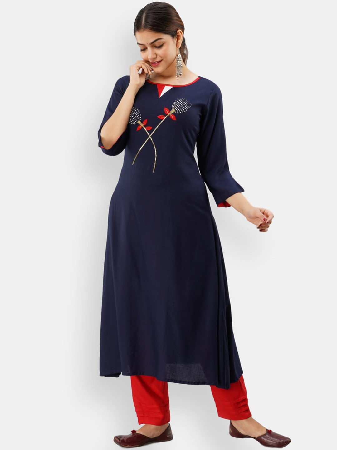 VEDANA Women Navy Blue Yoke Design Slit Sleeves Kurta
