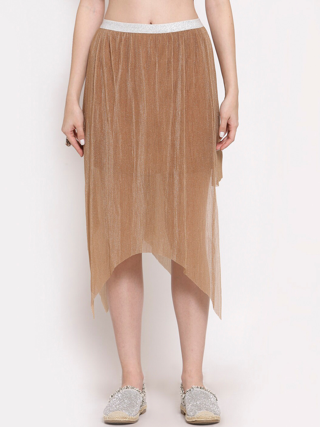 LELA Women Beige Flared Asymetrical Midi Skirt
