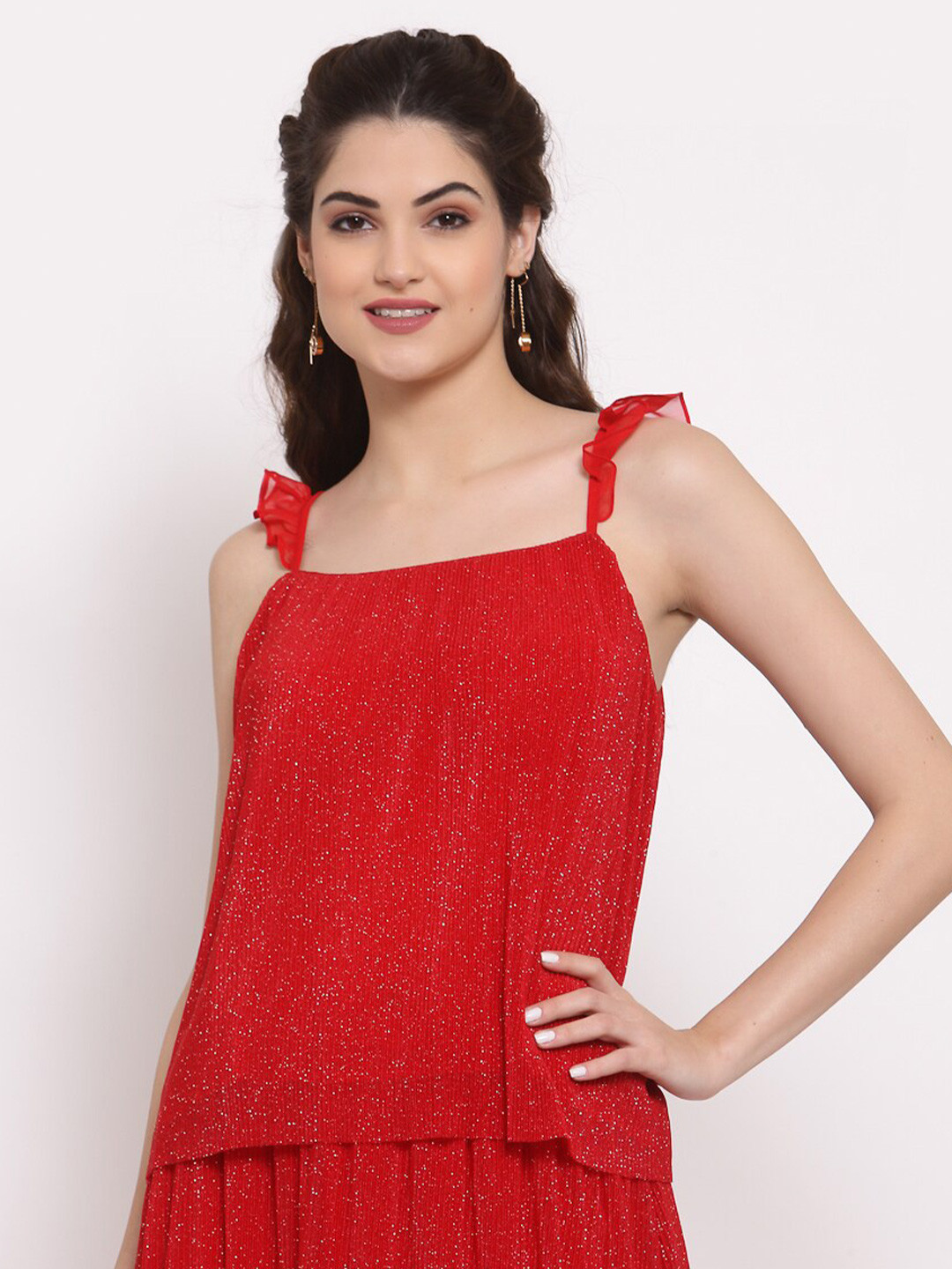LELA Red Shimmer Accordion Pleat Top