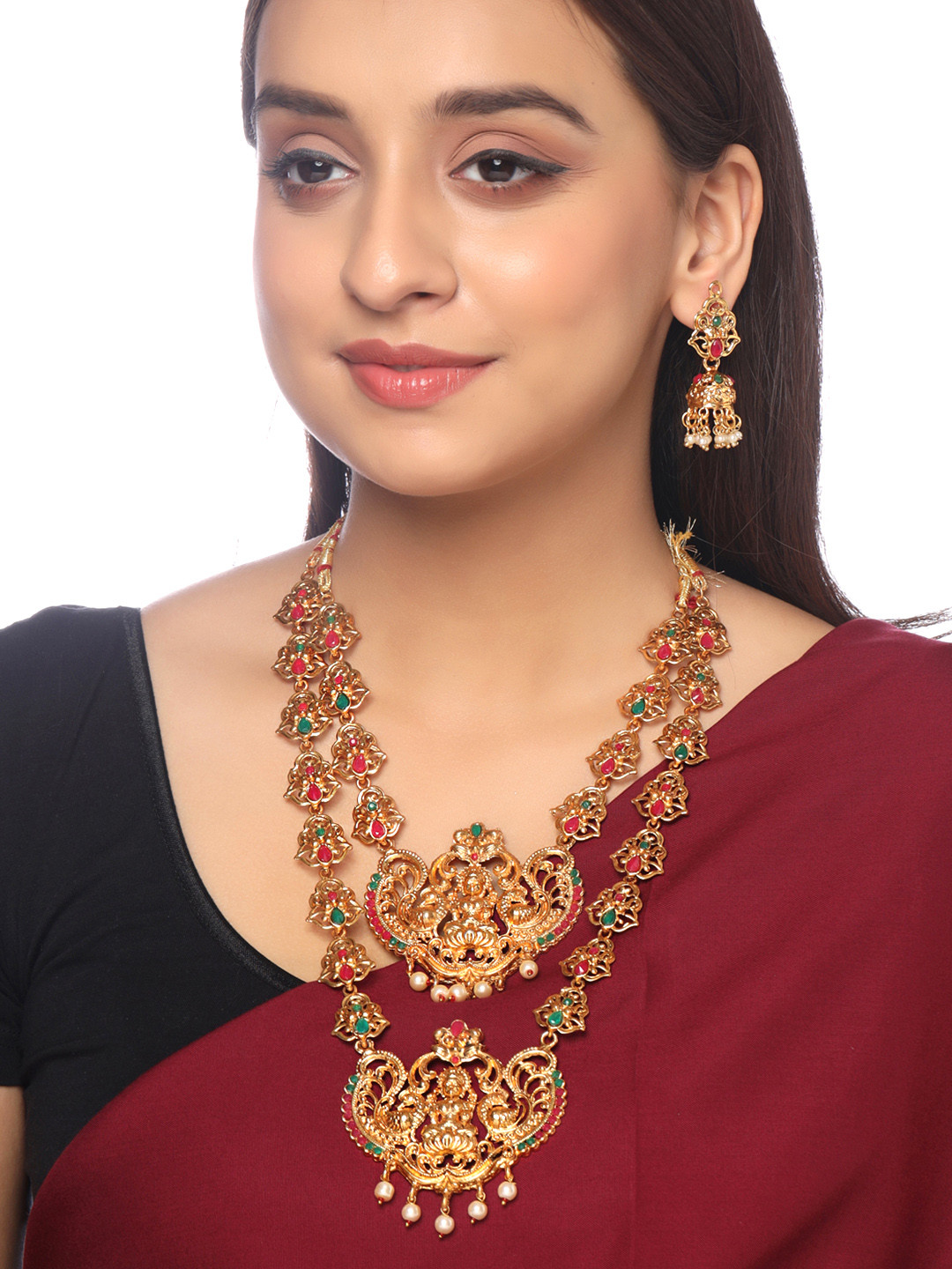 Yellow Chimes Woman Set Of 2 Gold-Plated Oxidised Stone-Studded Temple Jewellery Set