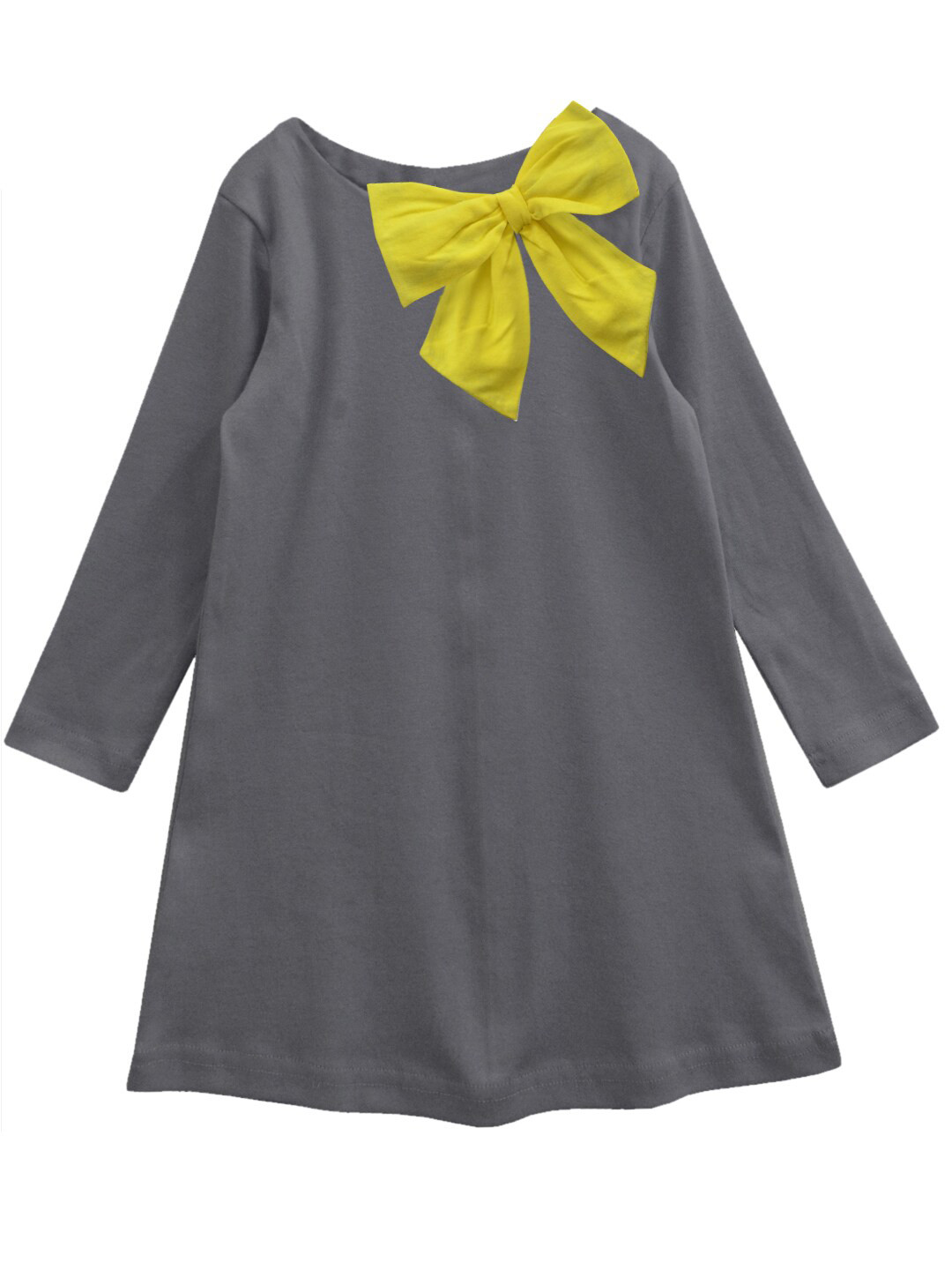 A.T.U.N. Girls Grey & Yellow Solid Round Neck Cotton A-Line Dress
