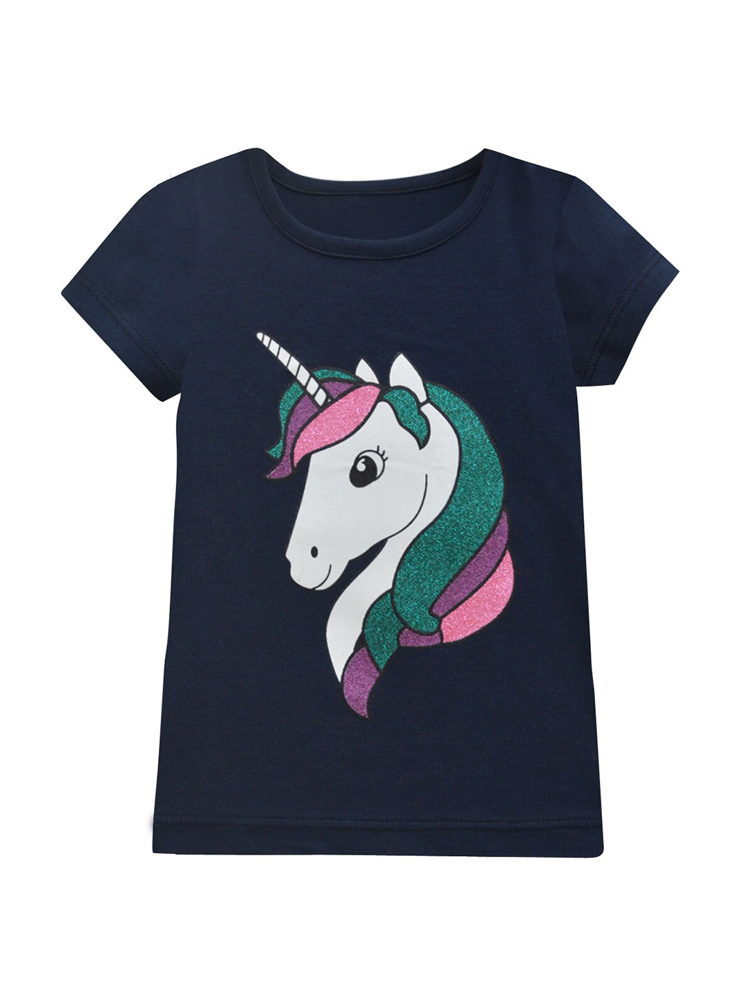 A.T.U.N. Girls Navy Blue Unicorn Printed T-shirt