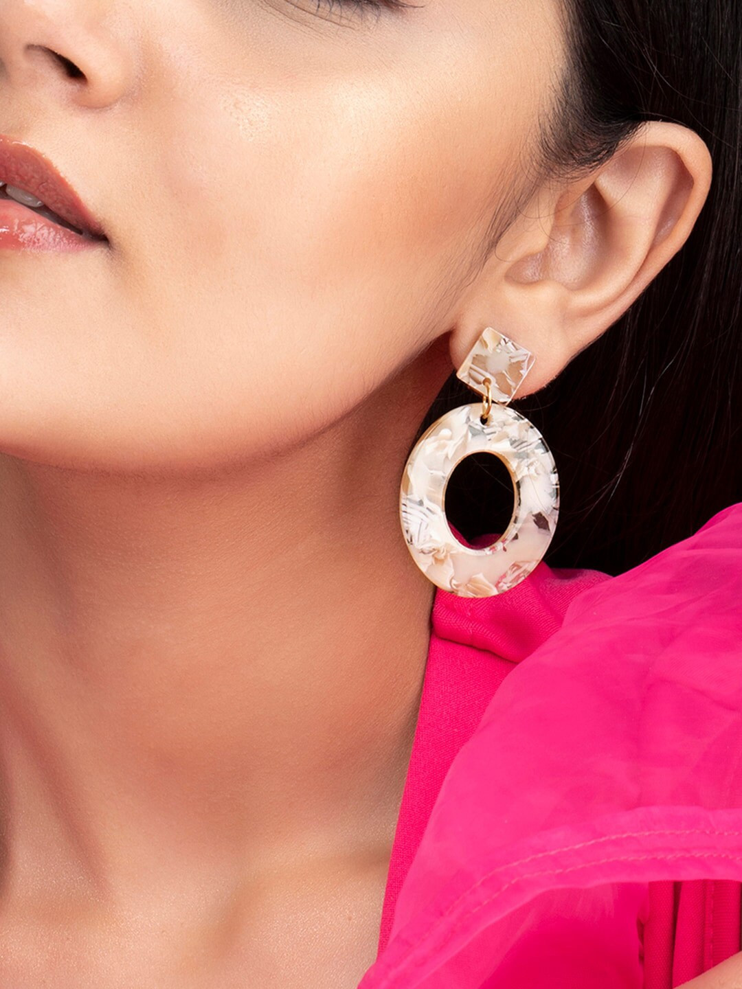 Rubans Women Beige & Brown Marbled Resin Open Oval Statement Drop Earrings