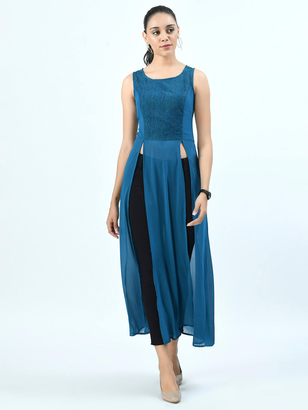 V&M Women Turquoise Blue Self Design Lace Tunic