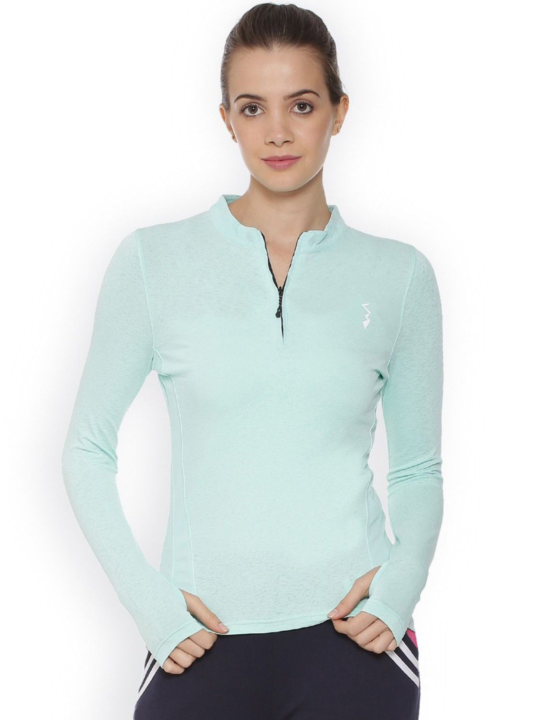 Campus Sutra Women Sea Green Henley Neck Running T-shirt