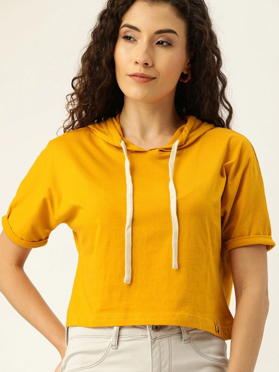 Campus Sutra Mustard Yellow Pure Cotton Hooded Crop Top