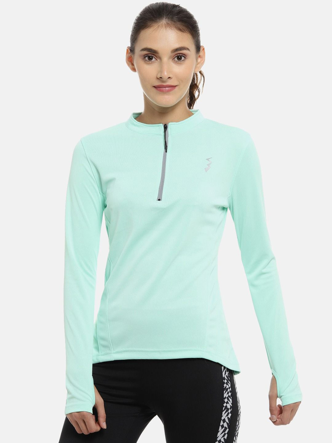 Campus Sutra Women Sea Green Henley Neck Running T-shirt