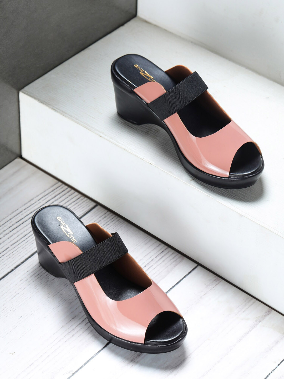 Shezone Pink Colourblocked Platform Peep Toes