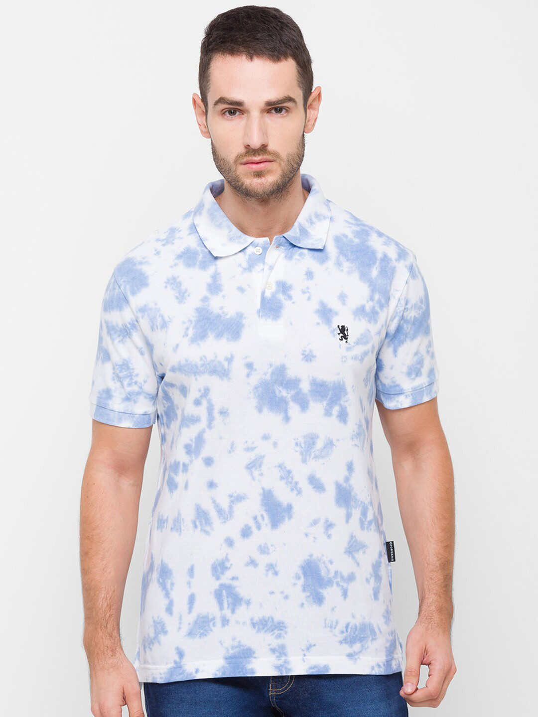 GIORDANO Men Blue Tie and Dye Dyed Polo Collar Slim Fit Cotton T-shirt