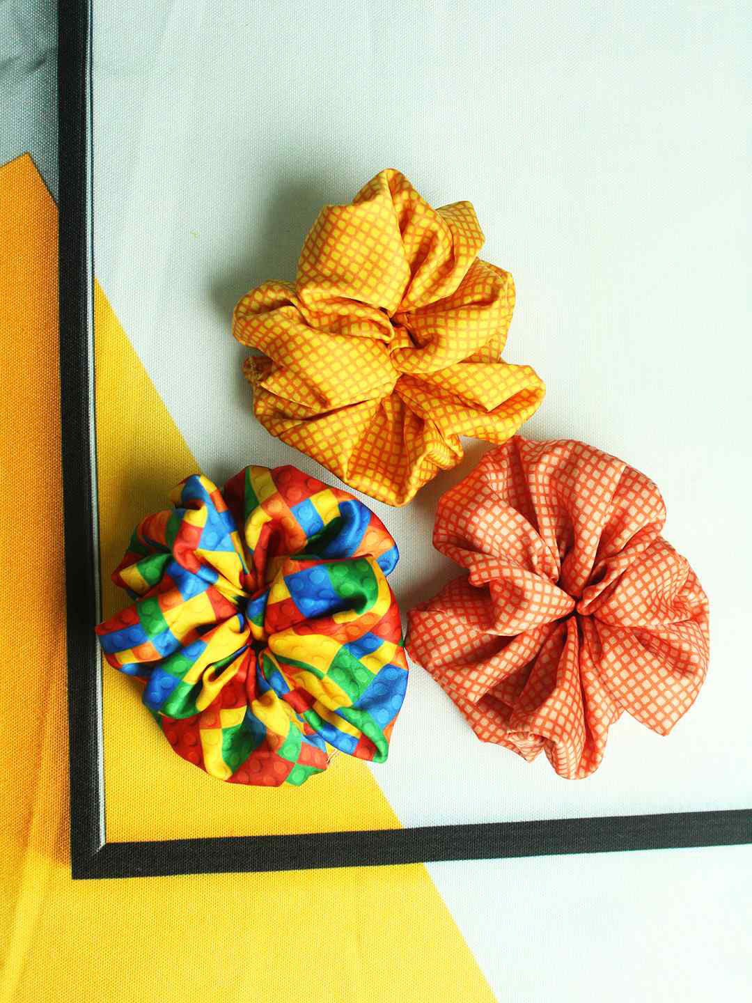 Tossido Women Set of 3 Yellow & Orange Satin Fluffy Scrunchies