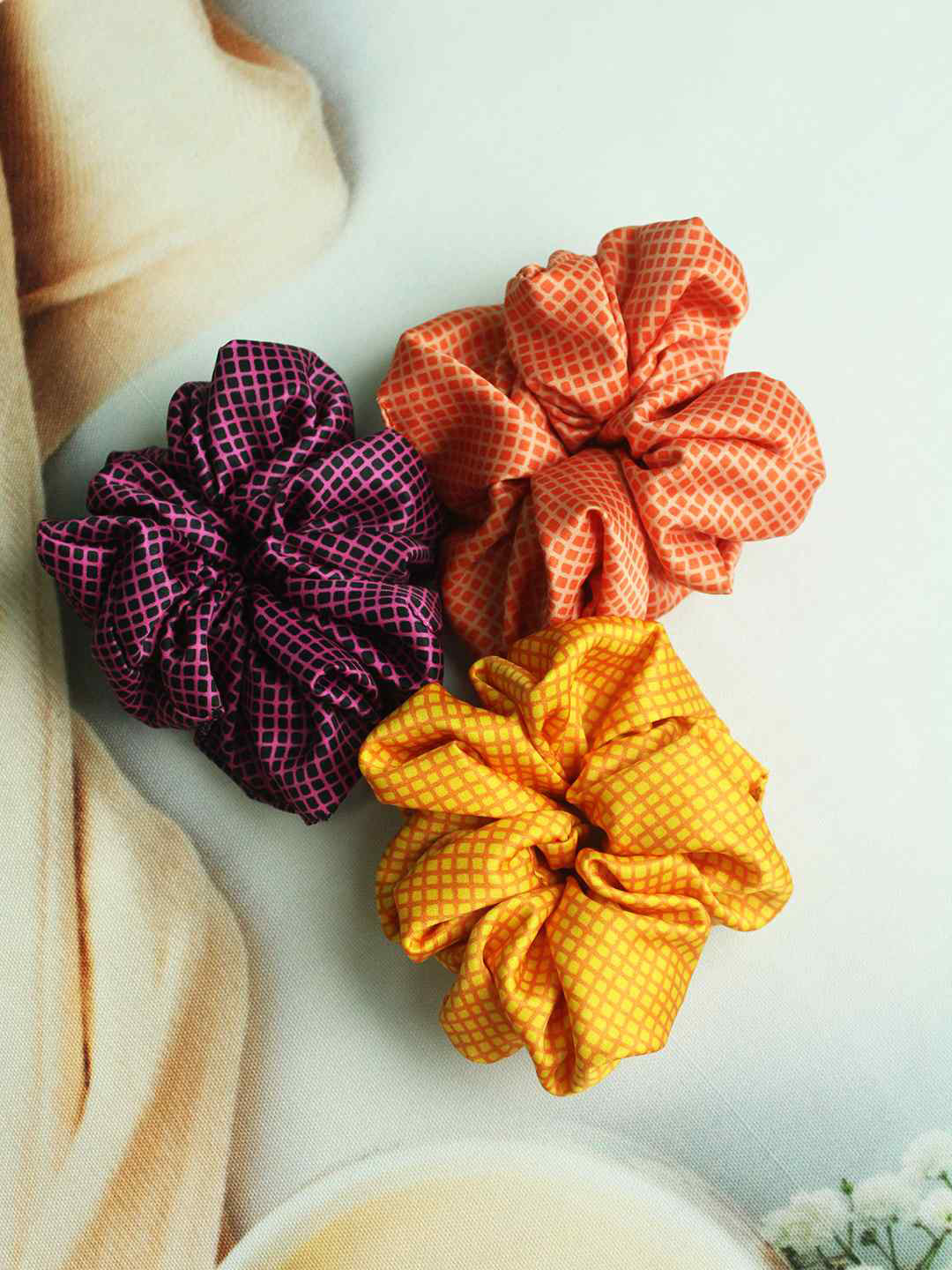 Tossido Women Yellow & Pink Set of 3 Soft Satin fluffy Scrunchies