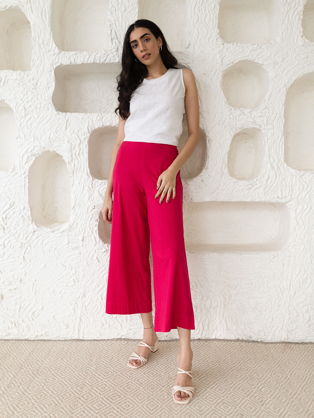 elleven Women Pink Knitted Cropped Palazzos