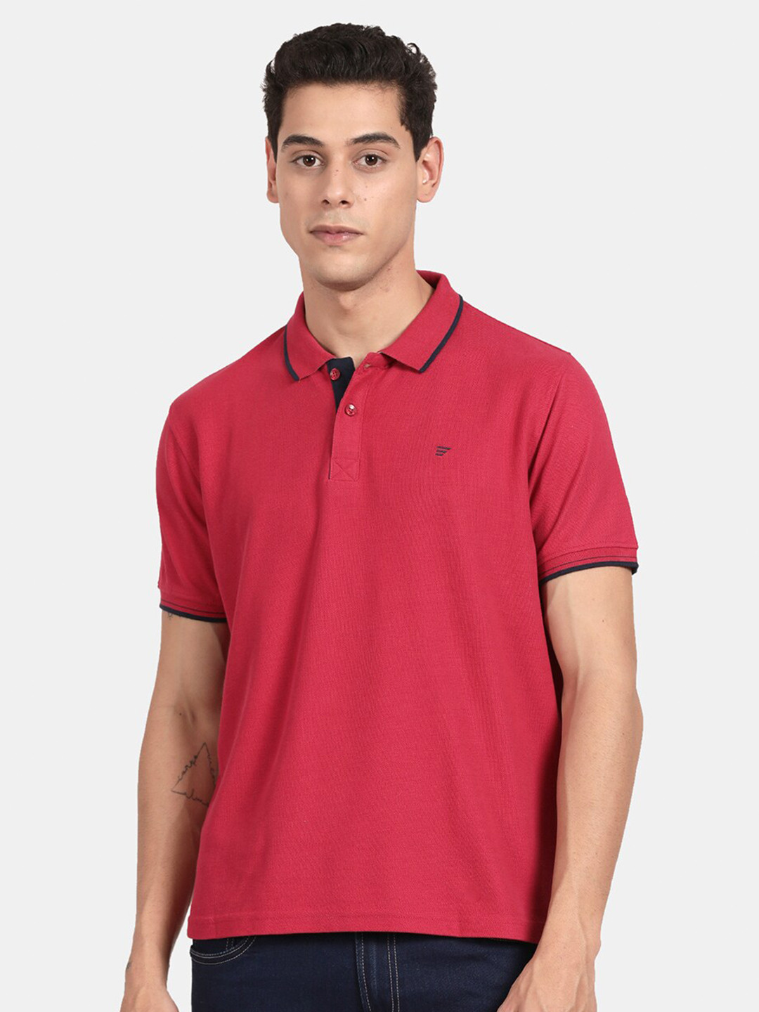 t-base Men Red & Black Solid Polo Collar T-shirt
