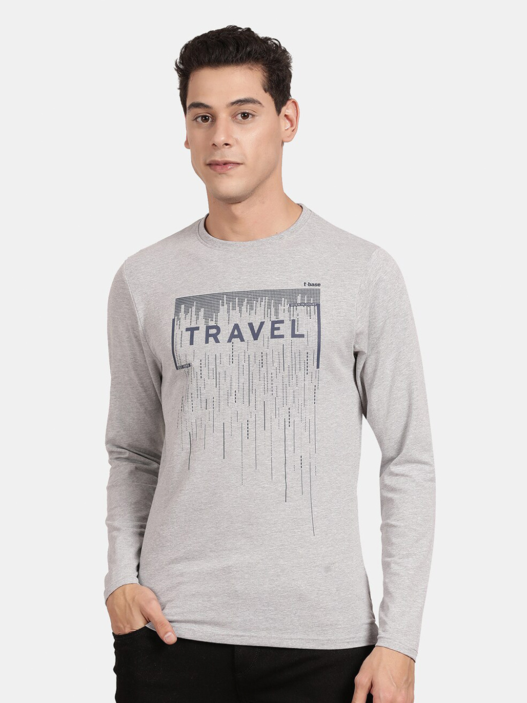 t-base Men Grey Melange & Charcoal Printed T-shirt