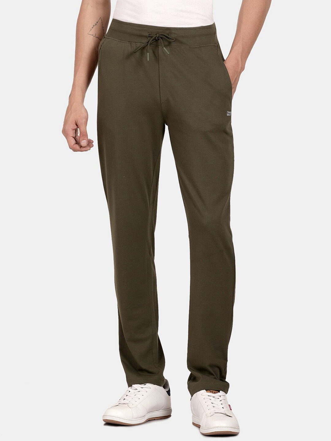 t-base Men Olive Green Solid Cotton Track Pants